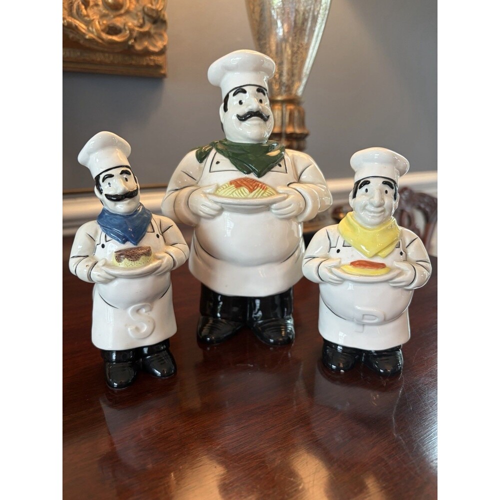 Vintage Salt Pepper Cheese Shaker Set Italian Chef "Le Restaurant" Epoch Sticker